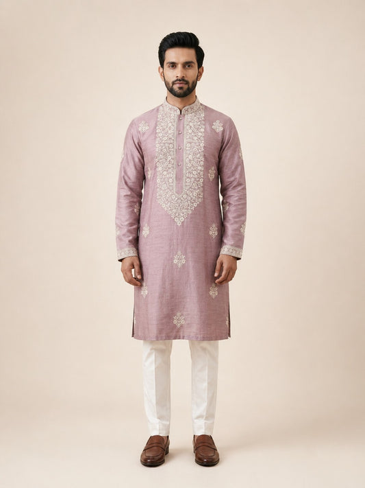 Onion Pink Linen Thread Embroidered Kurta Set for Festive Wear