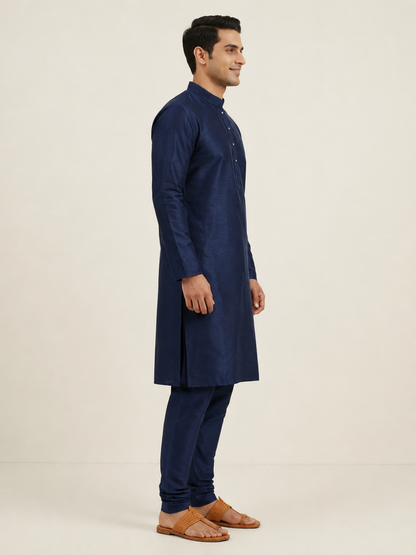 Navy Blue Art Silk Plain Kurta Set Festive Wear