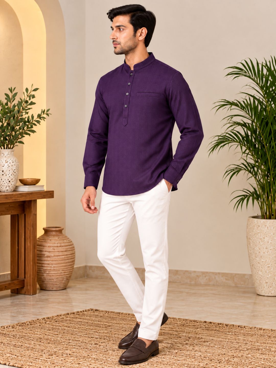 Wine Plain Textured Short Kurta