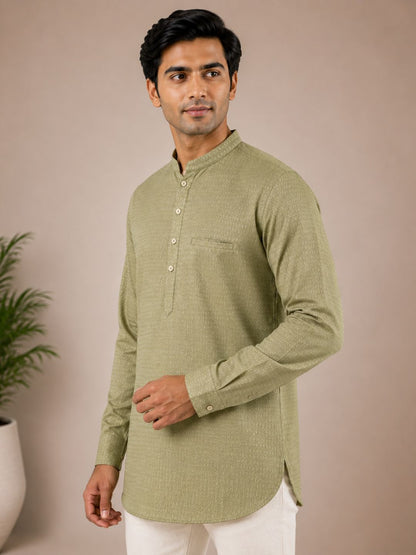 Olive Green Cotton Short Kurta with Mandarin Collar