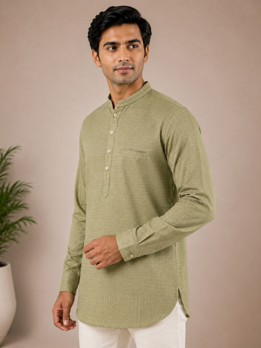 Olive Green Cotton Short Kurta with Mandarin Collar
