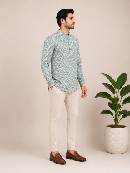 Moss Green Cotton Printed Short Kurta