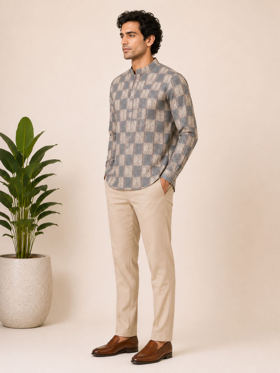 Beige Cotton Printed Short Kurta