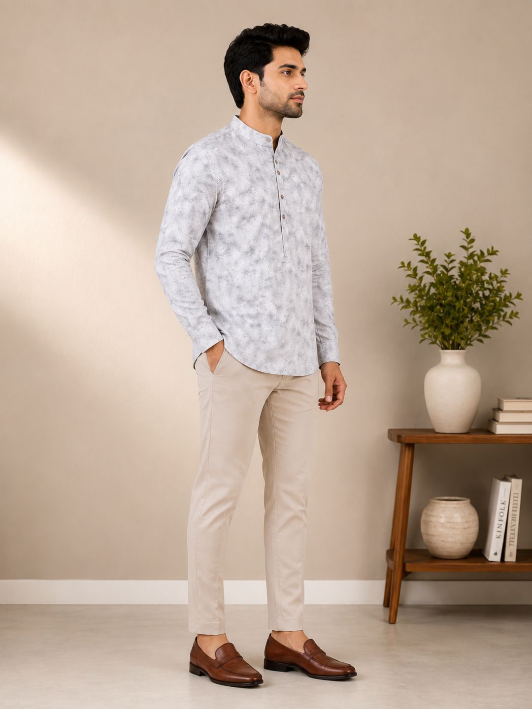 Green Linen Printed Short Kurta