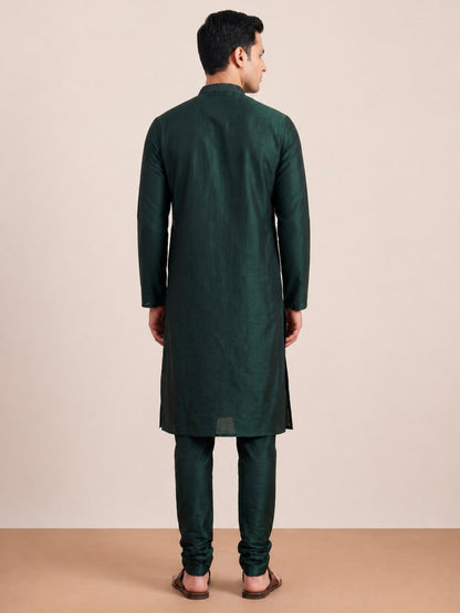 Bottle Green  Art Silk Plain Kurta Set Festive Wear