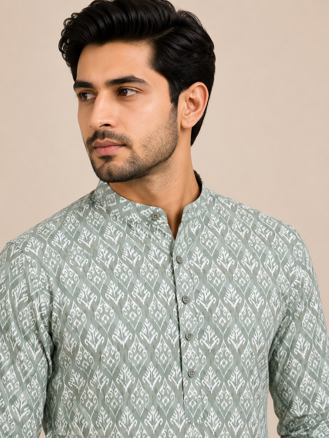 Moss Green Cotton Printed Short Kurta