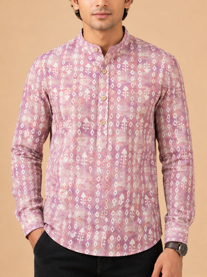 Onion Pink Linen Printed Short Kurta