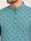 Turquoise Blue Cotton Printed Short Kurta