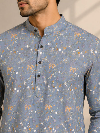 Pearl Grey Cotton Printed Short Kurta