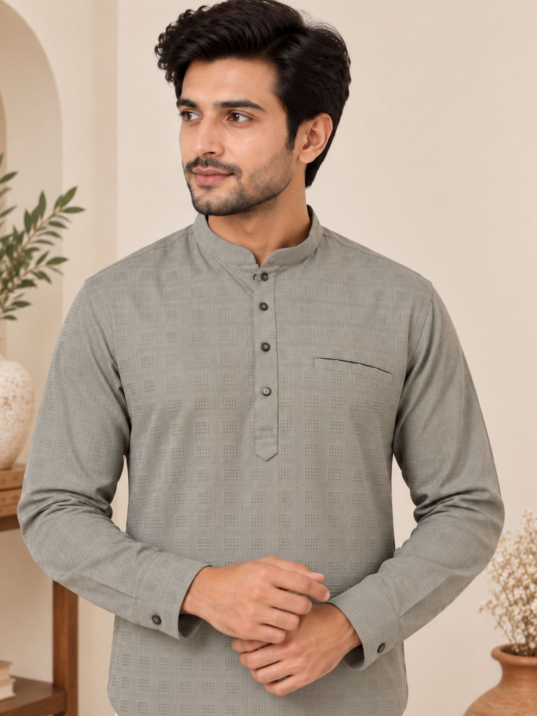 Sand Plain Textured Short Kurta