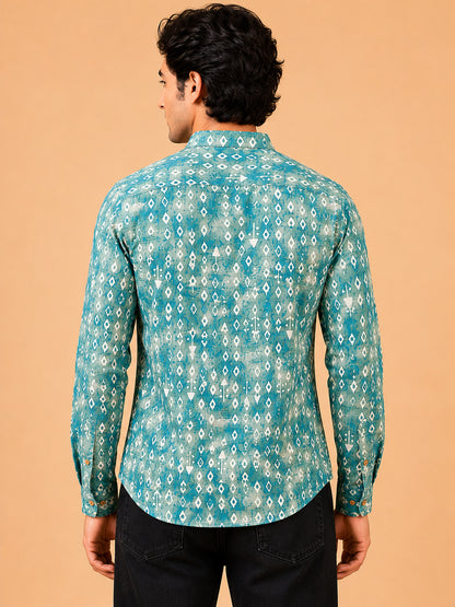 Mint Green Linen Printed Short Kurta