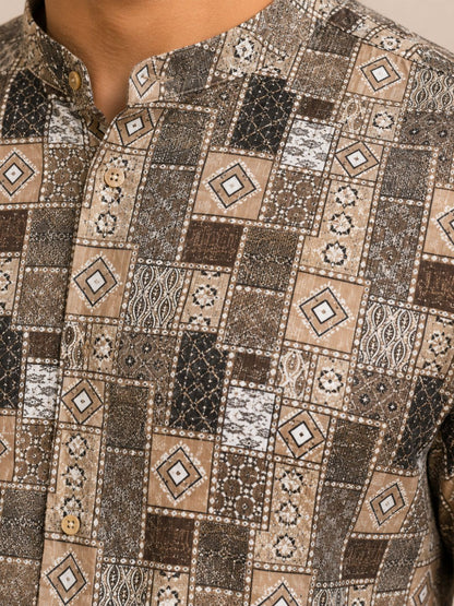 Olive Green Cotton Printed Short Kurta