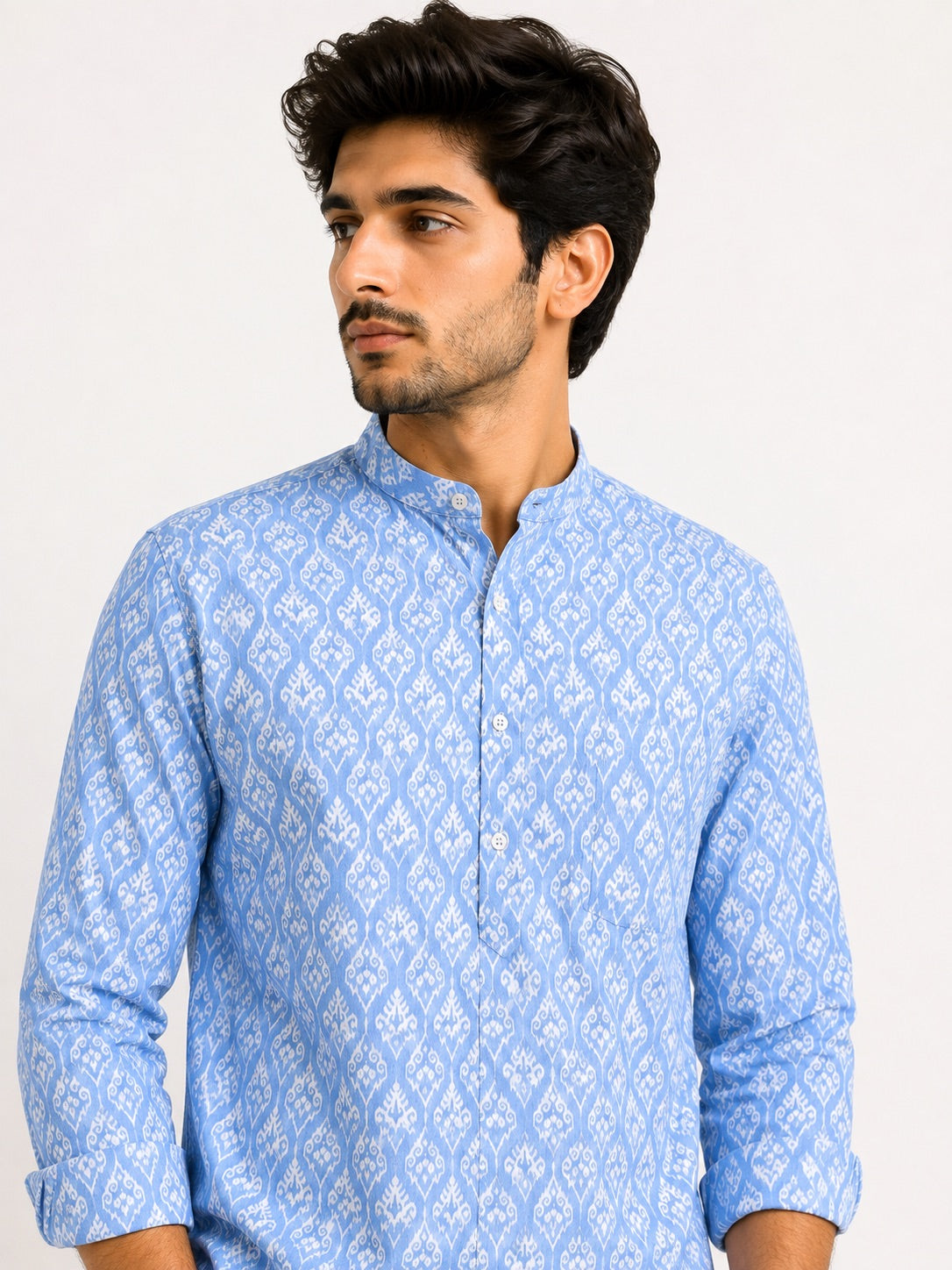 Sky Blue Cotton Printed Short Kurta