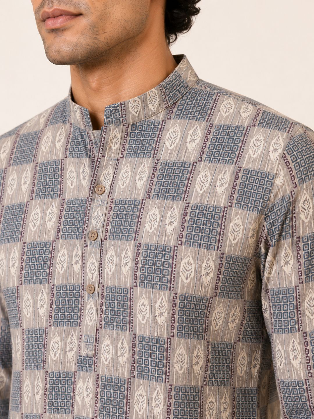 Beige Cotton Printed Short Kurta