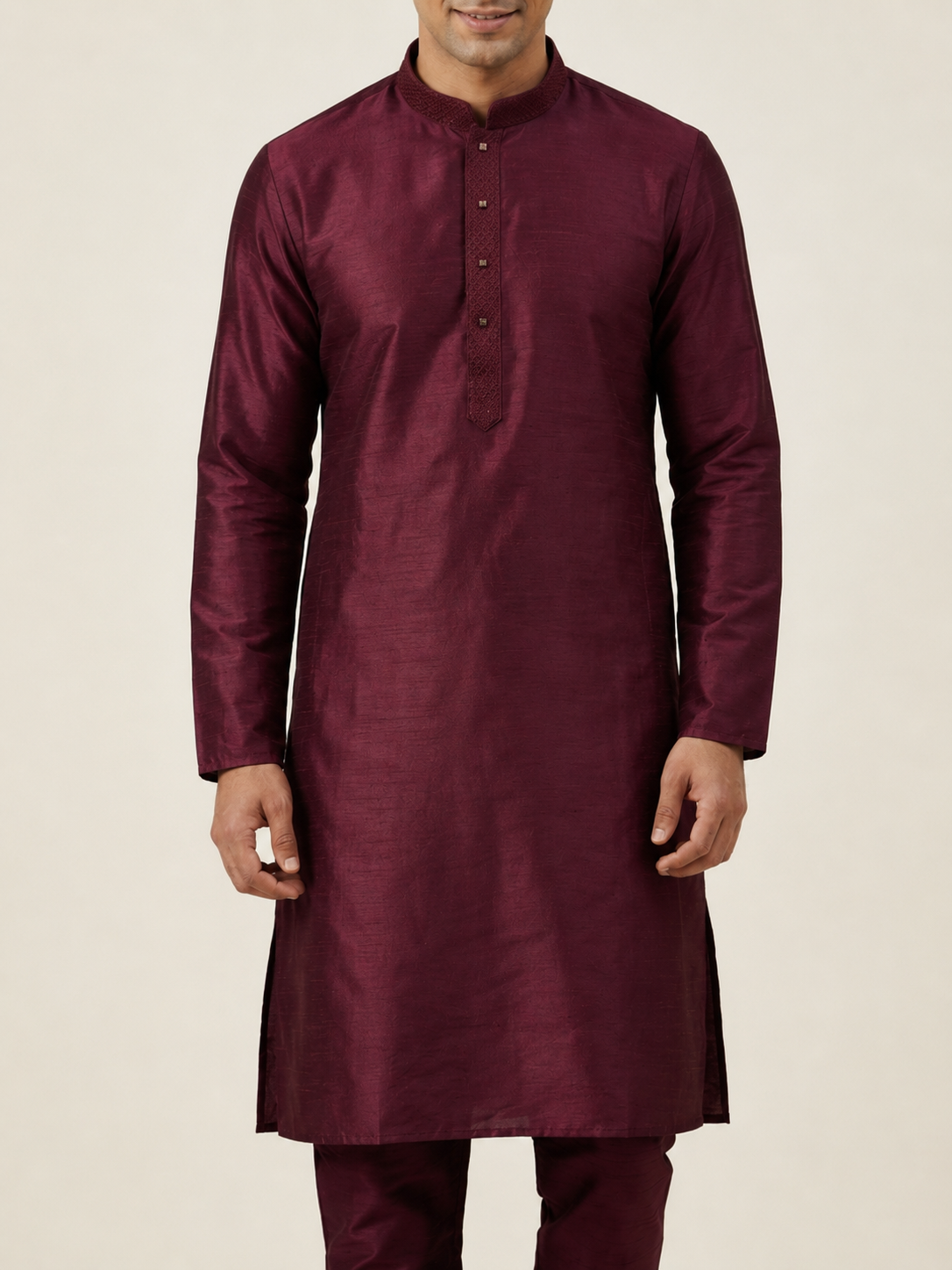Wine Art Silk Plain Kurta Set Festive Wear