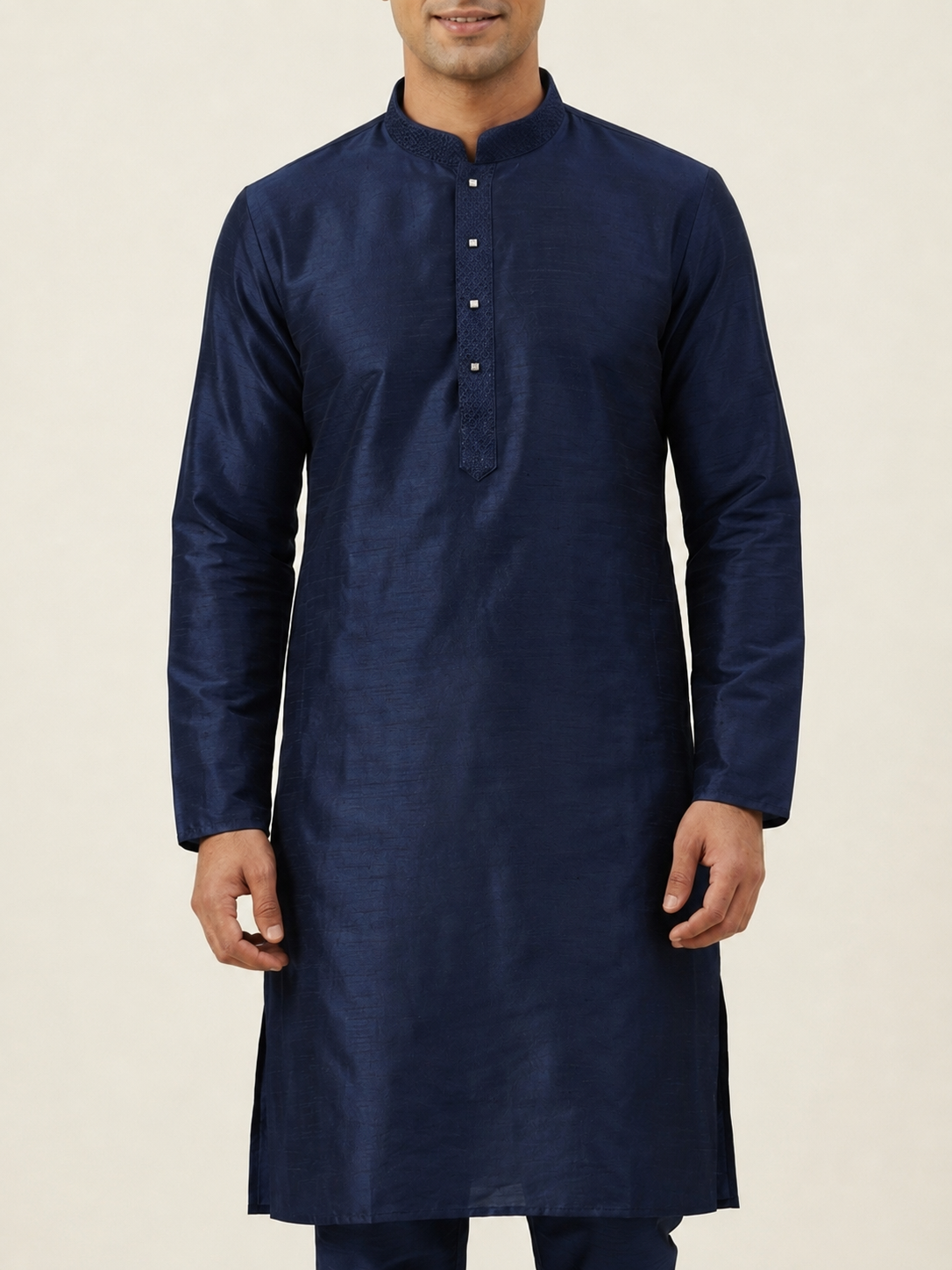 Navy Blue Art Silk Plain Kurta Set Festive Wear