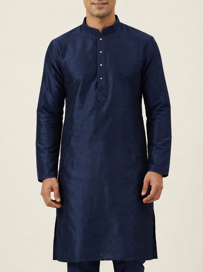 Navy Blue Art Silk Plain Kurta Set Festive Wear
