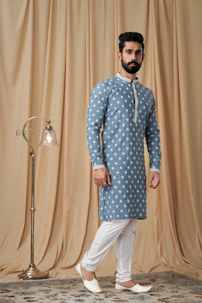 Air Force Blue Muslin Allover Embroidered Kurta Pyjama