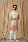 Beige Tusser Embroidered Kurta Pyjama
