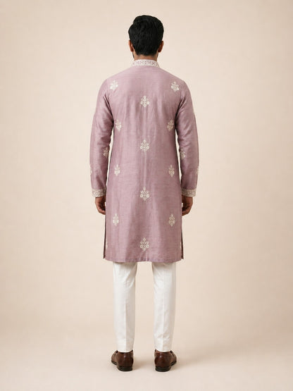 Onion Pink Linen Thread Embroidered Kurta Set for Festive Wear
