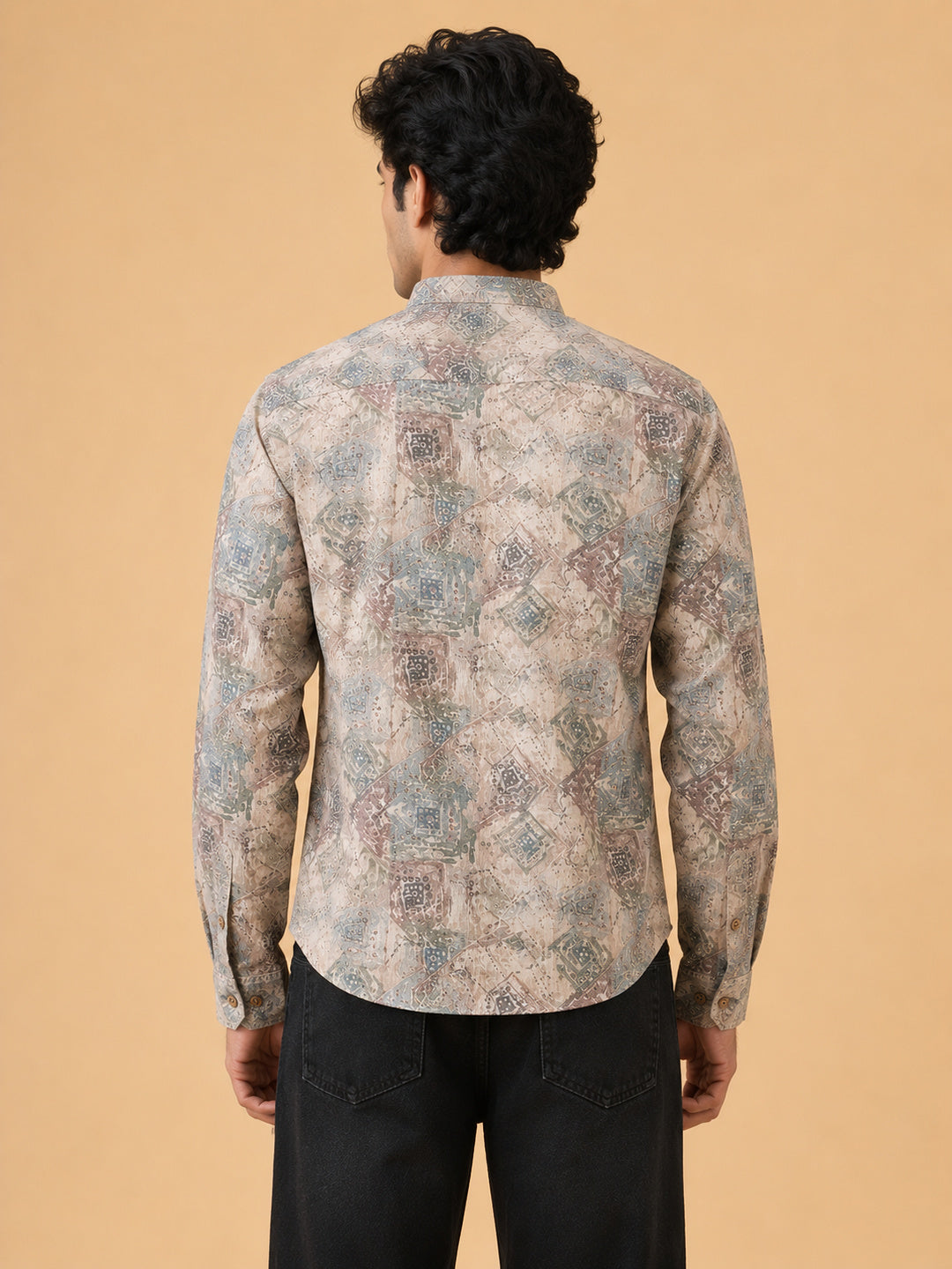 Beige Linen Printed Short Kurta