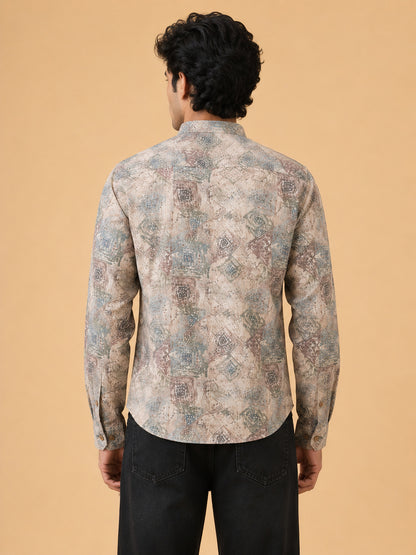 Beige Linen Printed Short Kurta