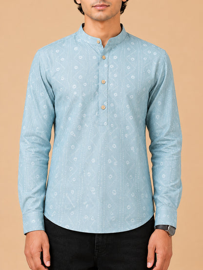 Mint Green Linen Printed Short Kurta