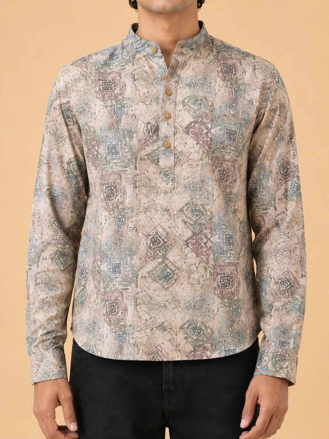 Beige Linen Printed Short Kurta