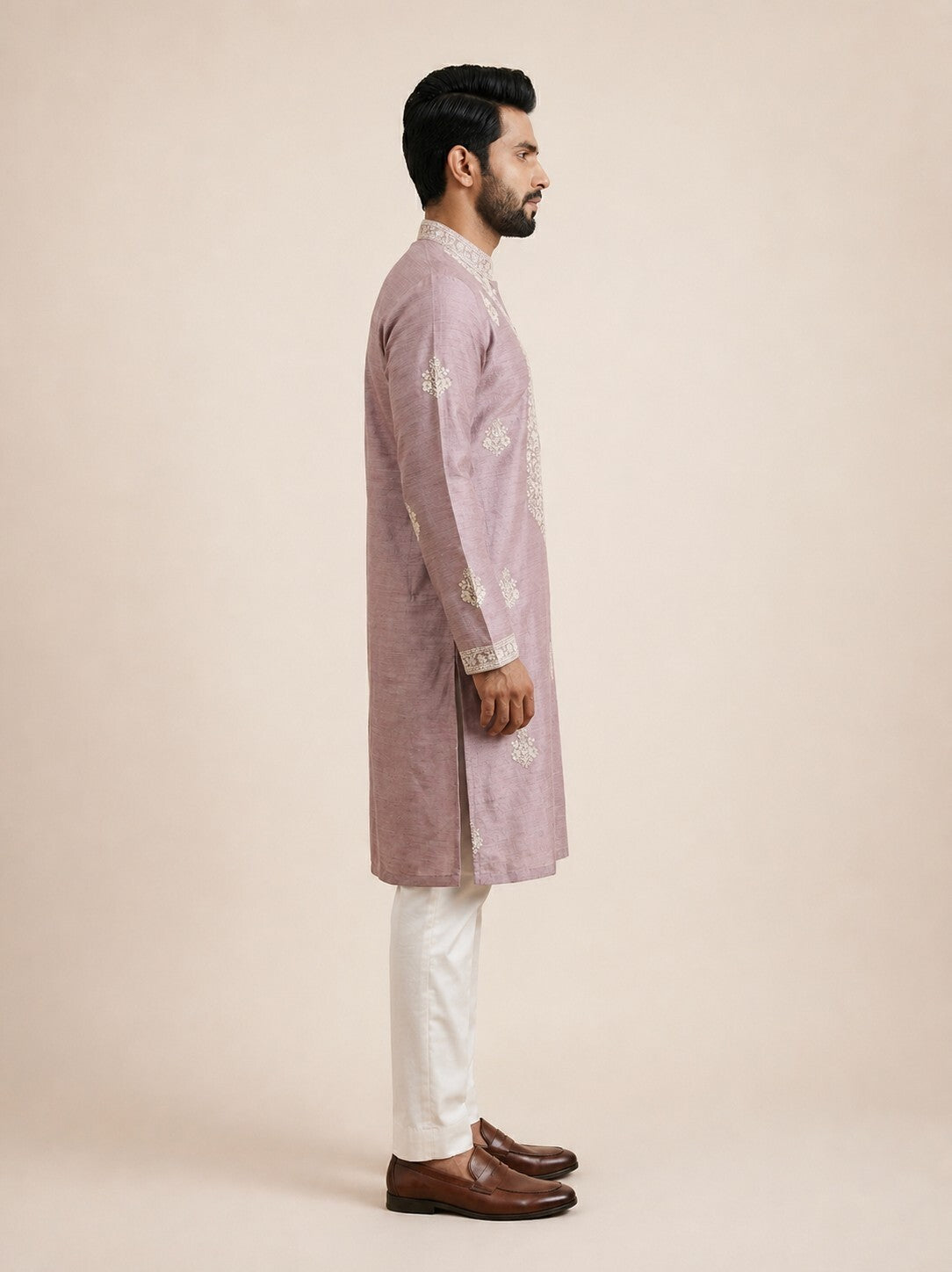Onion Pink Linen Thread Embroidered Kurta Set for Festive Wear