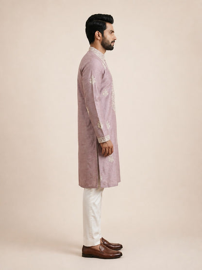 Onion Pink Linen Thread Embroidered Kurta Set for Festive Wear
