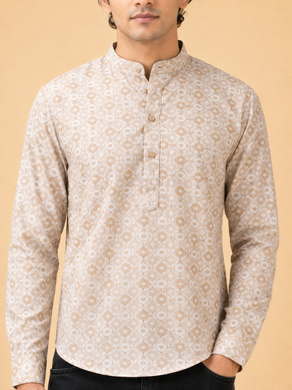 Beige Linen Printed Short Kurta