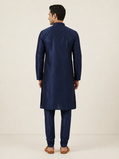 Navy Blue Art Silk Plain Kurta Set Festive Wear