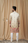 Beige Tusser Embroidered Kurta Pyjama