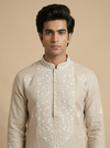 Beige Linen Thread Embroidered Kurta Set for Festive Wear