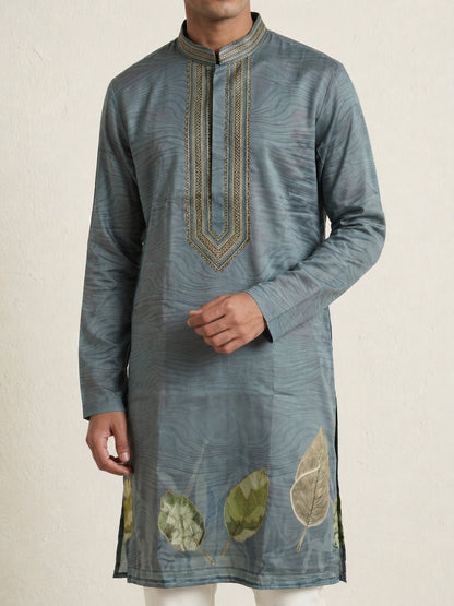Gray  Art Silk  Foil Printed Kurta Set Festive Wear