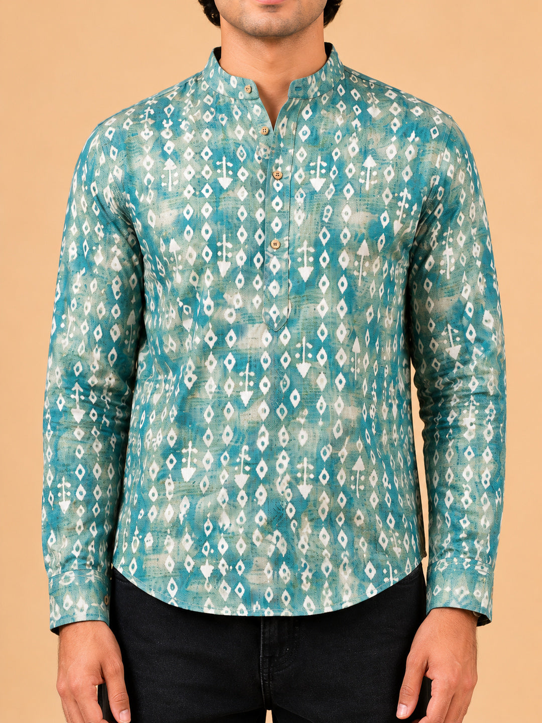 Mint Green Linen Printed Short Kurta