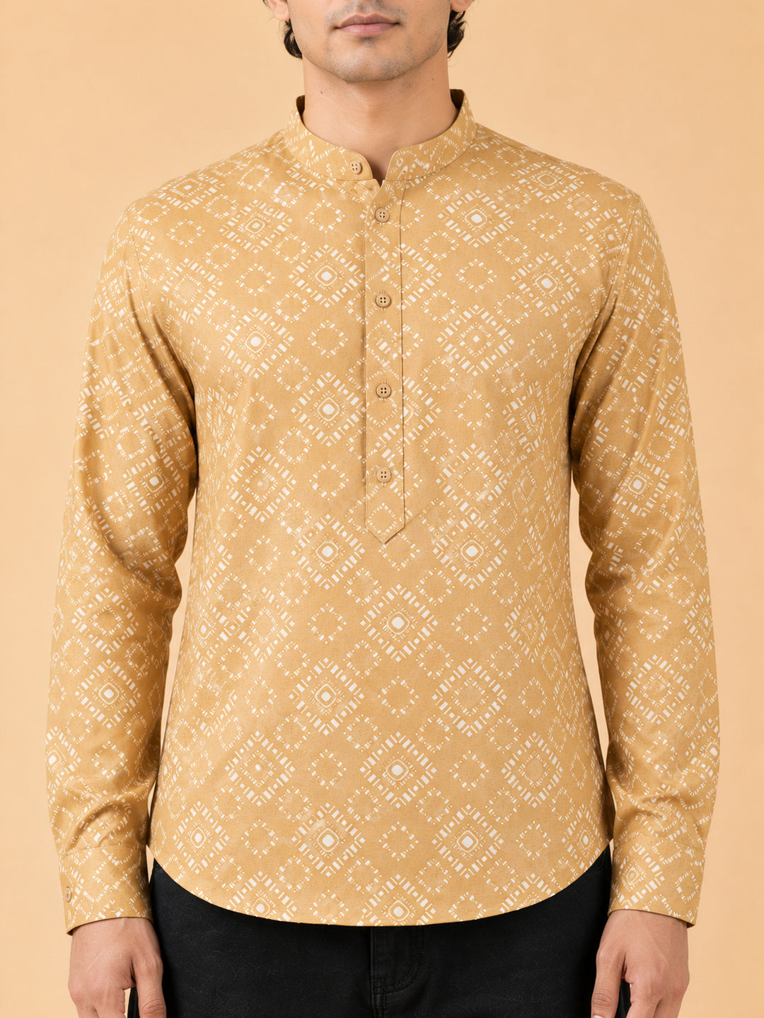 Mustard Linen Printed Short Kurta