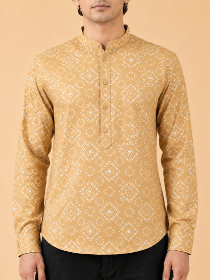 Mustard Linen Printed Short Kurta
