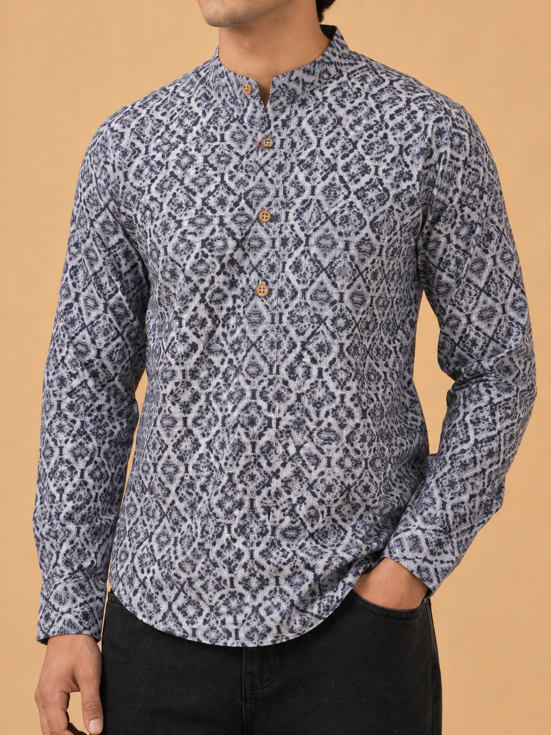 Gray Linen Printed Short Kurta