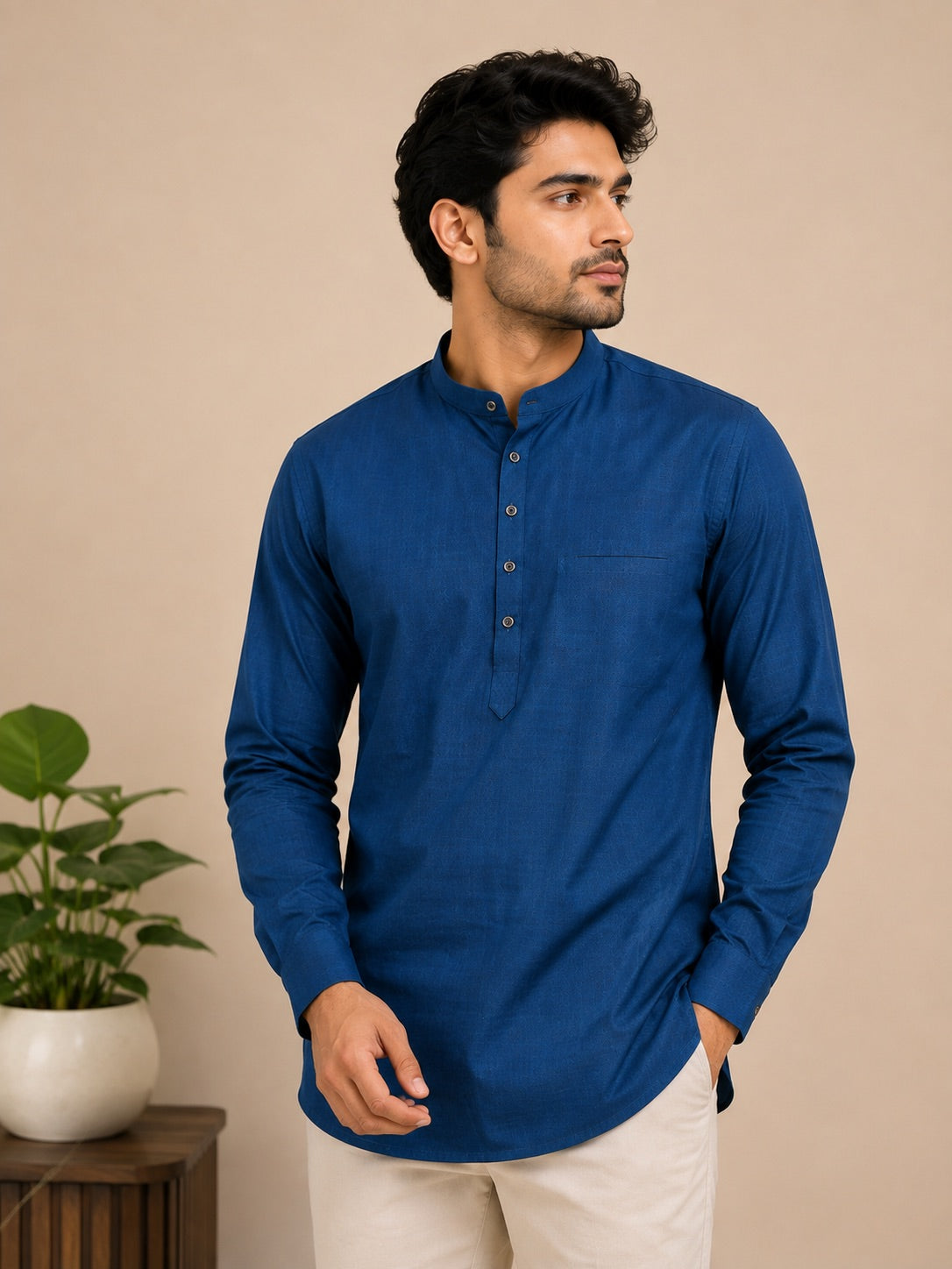 Teal Blue Plain Cotton Short Kurta