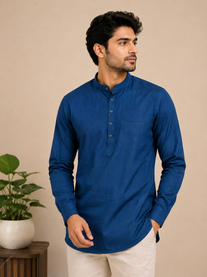 Teal Blue Plain Cotton Short Kurta