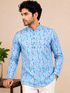 Sky Blue Cotton Printed Short Kurta