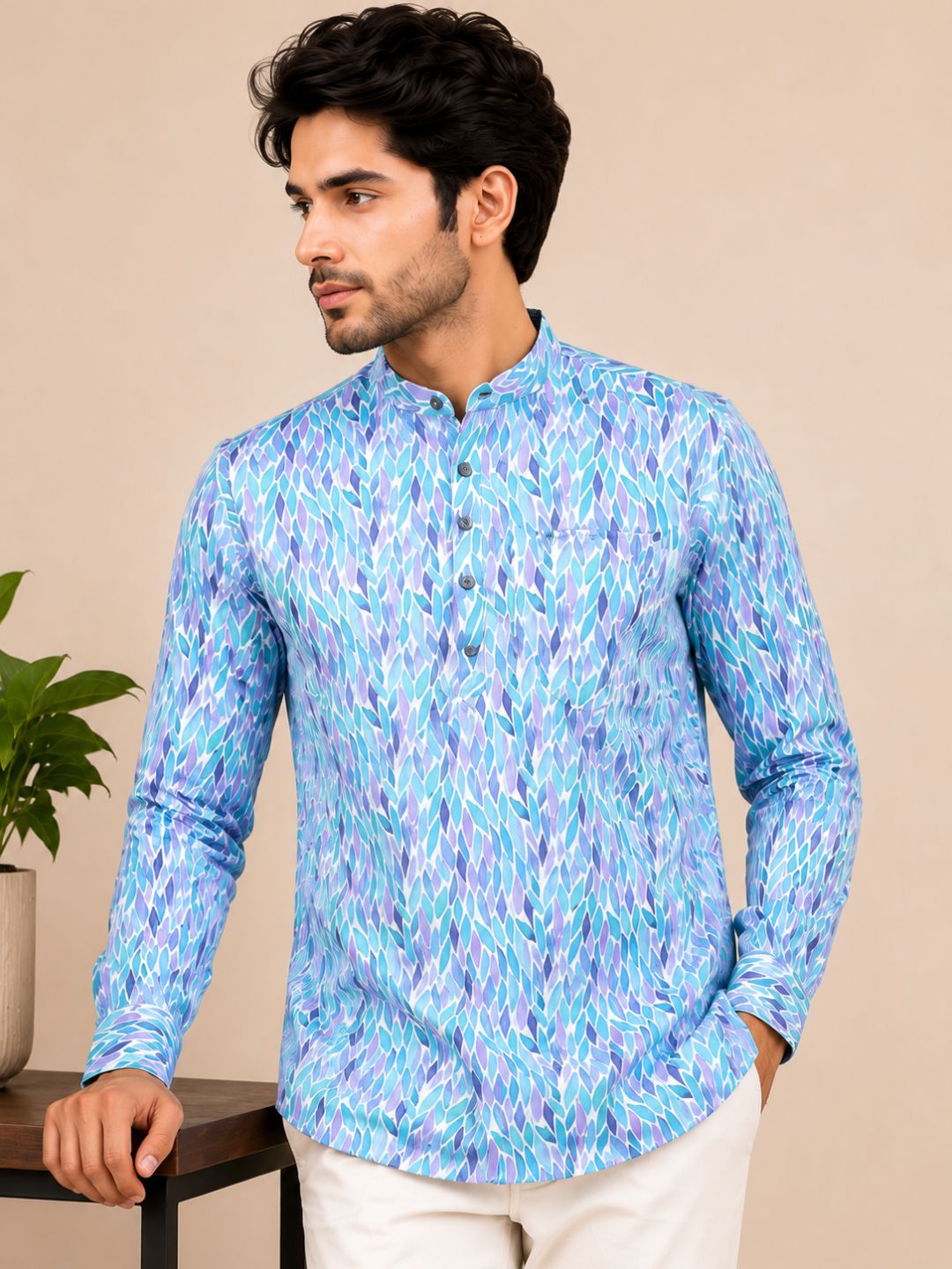 Sky Blue Cotton Printed Short Kurta