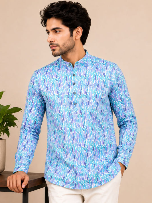 Sky Blue Cotton Printed Short Kurta