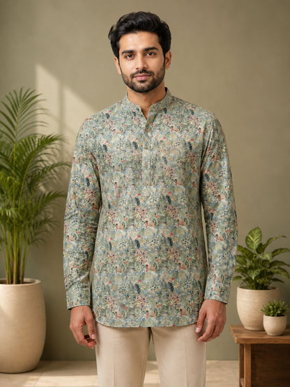 Moss Green Cotton Printed Short Kurta