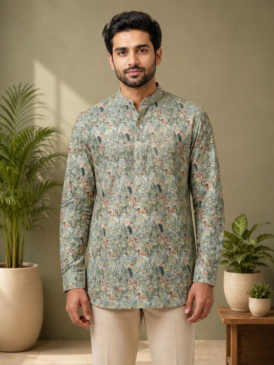 Moss Green Cotton Printed Short Kurta