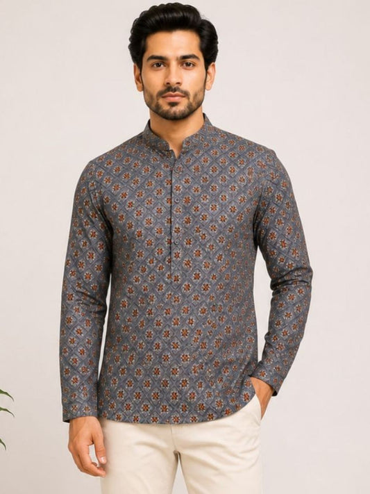 Slate Grey Cotton Printed Short Kurta
