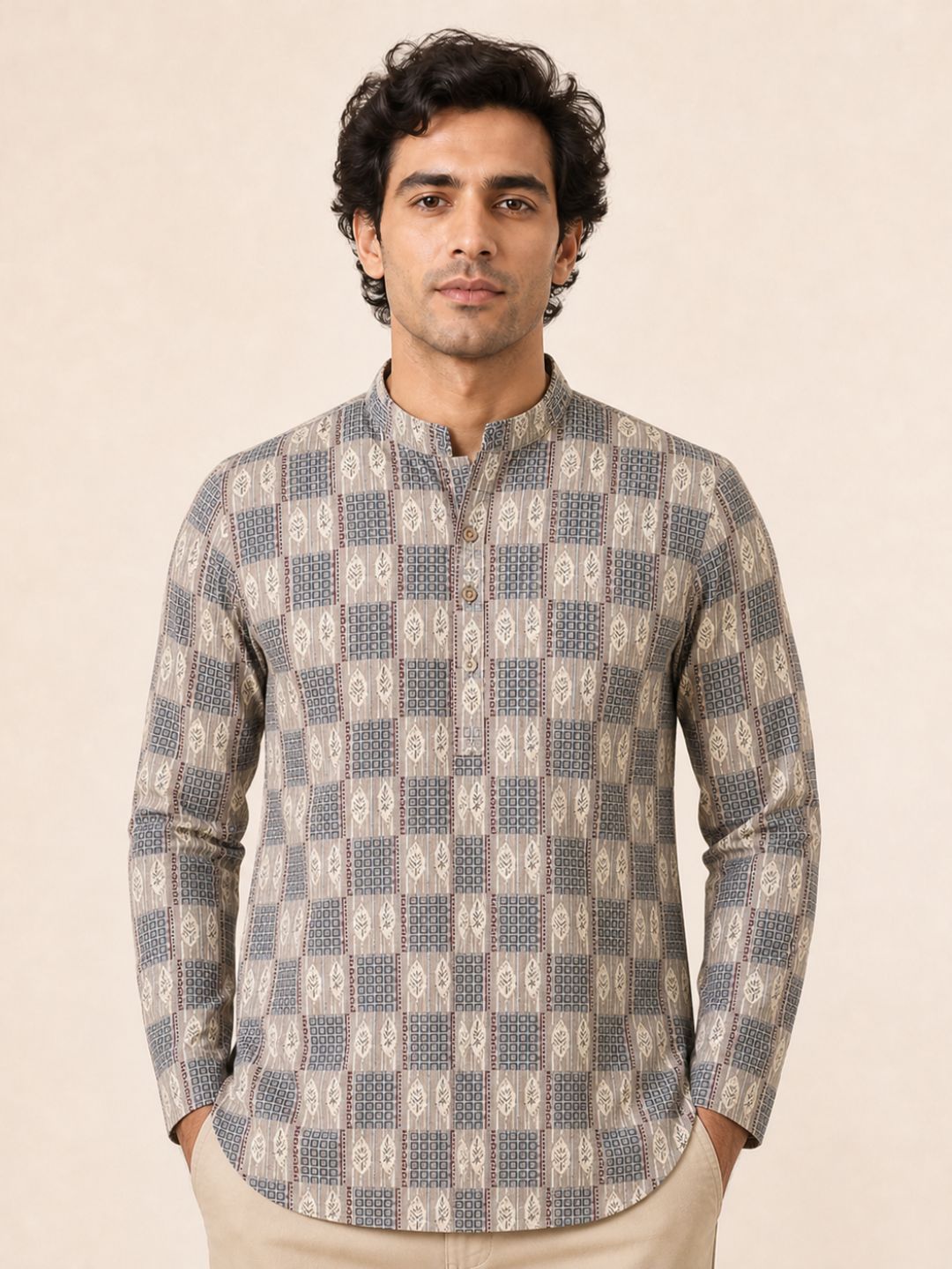 Beige Cotton Printed Short Kurta