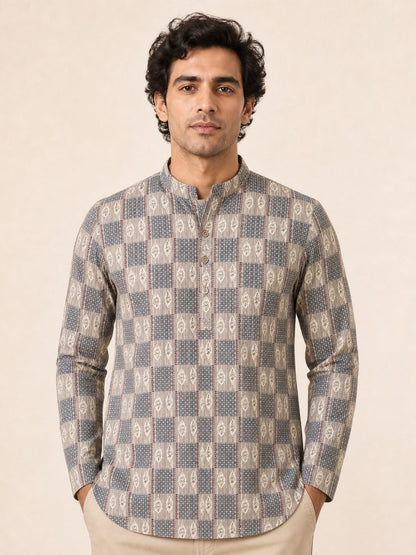 Beige Cotton Printed Short Kurta