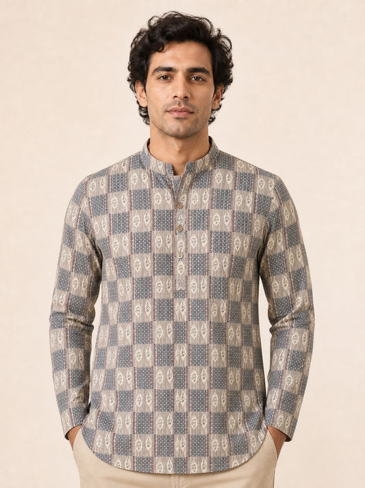 Beige Cotton Printed Short Kurta